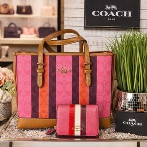 Coach Mollie Tote 25 Bag Wallet Set Pink Multicolor Stripe Summer Purse